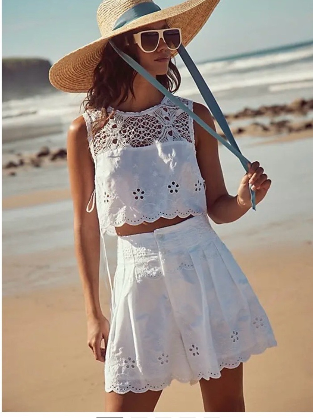 Free People Cream Crochet Floral Eyelet Sleeveless Crop Top